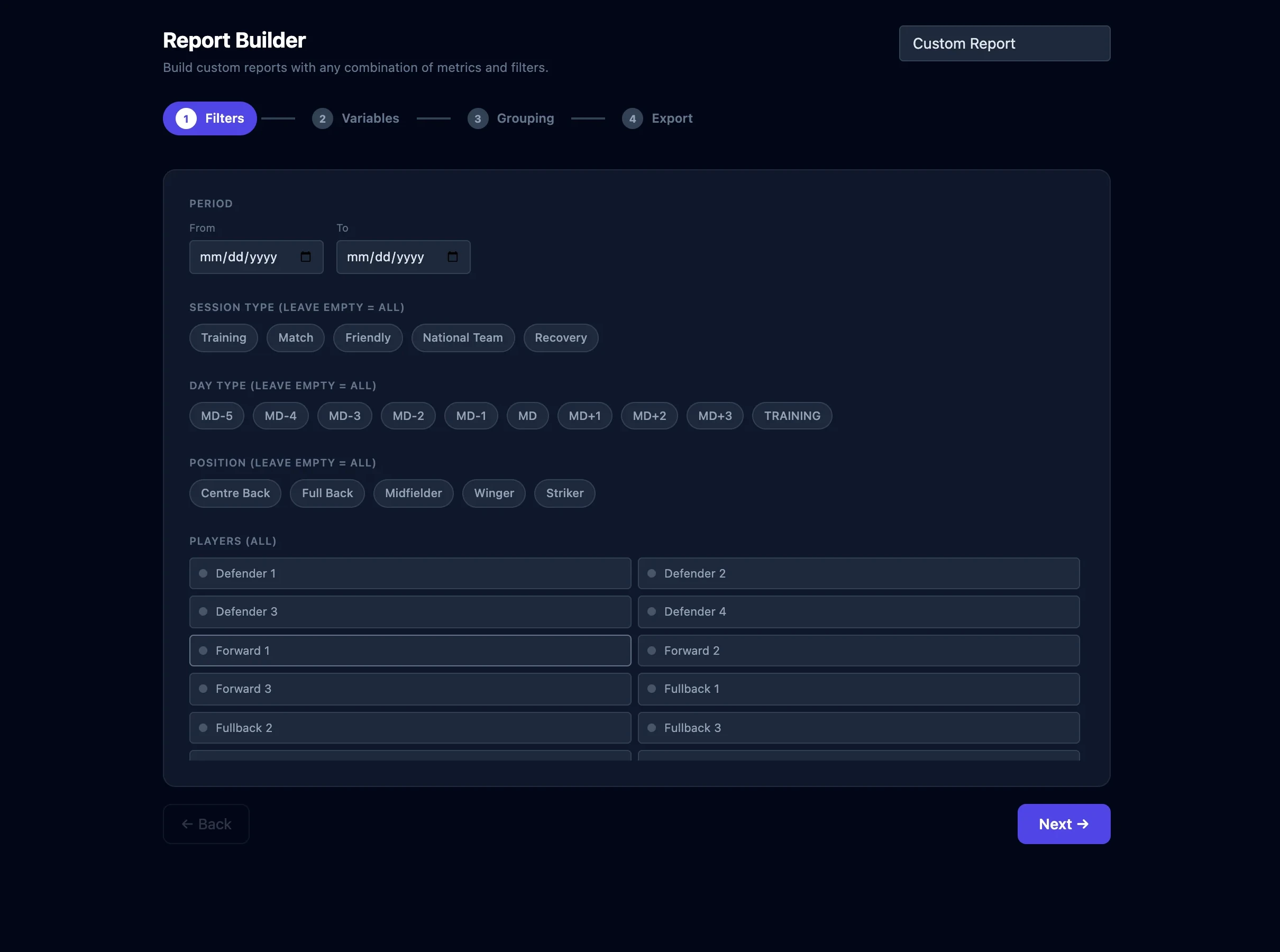 Generador de informes de OcelionCore creando un informe de rendimiento